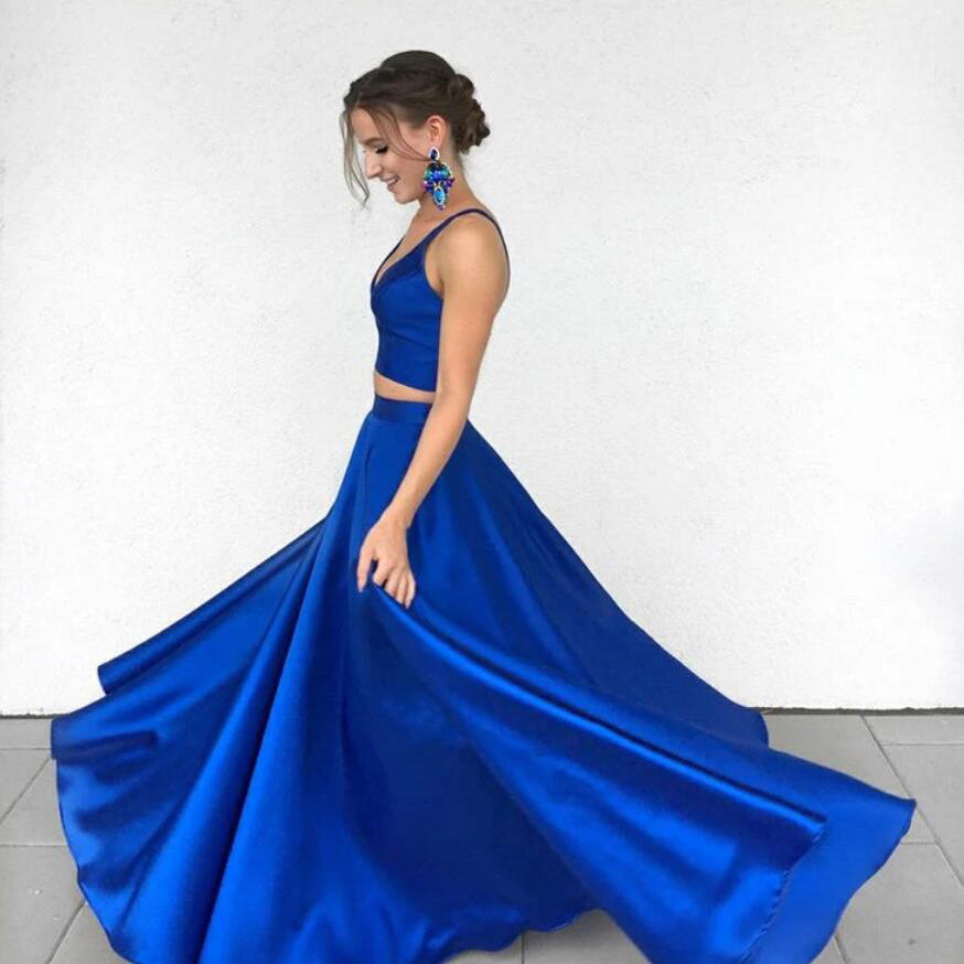 Siaoryne Royal Blue Satin A Line Crop Top 2 Pieces Long Evening Gown G Siaoryne Royal Blue Satin A Line Crop Top 2 Pieces Long Evening Gown G