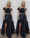 Hot Pink Lace Crop Top Prom Dress 2 Pieces for Graduation Two Pieces Girls Formal Wear with Slit