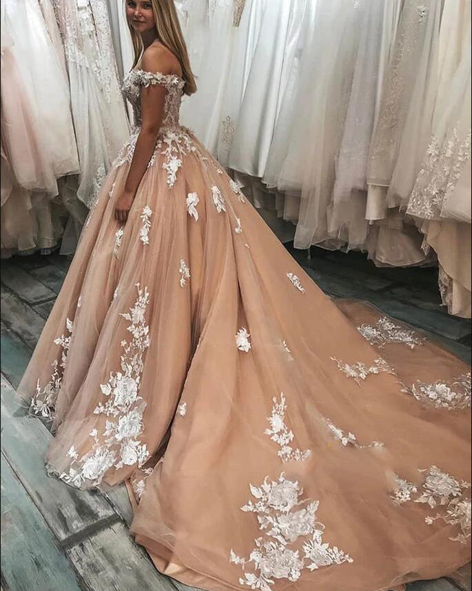 Siaoryne WD1111 Off Shoulder  Gold Wedding Dresses Ball  evening Dress Ivory Lace Bridal Dress 2020