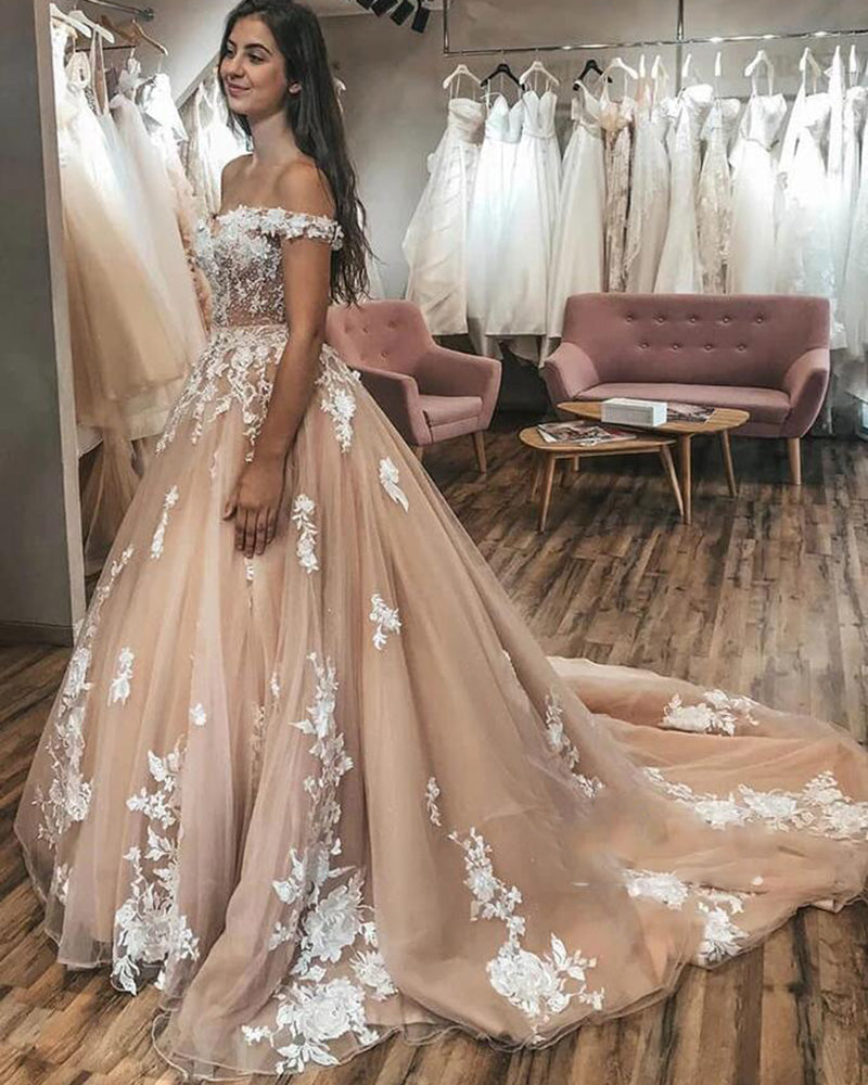 Siaoryne WD1111 Off Shoulder  Gold Wedding Dresses Ball  evening Dress Ivory Lace Bridal Dress 2020