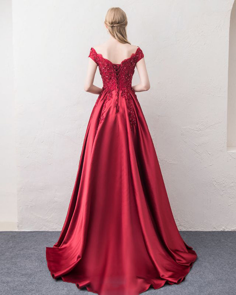 Off Shoulder Wine Red A Line Satin Long Formal Dresses Prom Gown with Lace PL3390