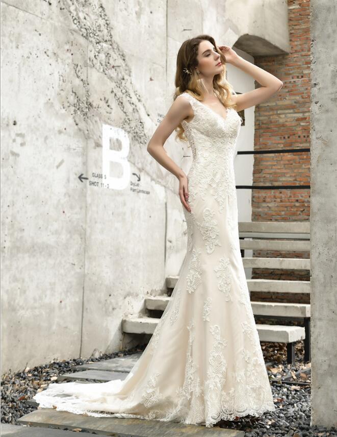 WD0317 Robe De Mariee V Neck Ivory Lace Fitted Mermaid Wedding Gown Bride Dress 2020