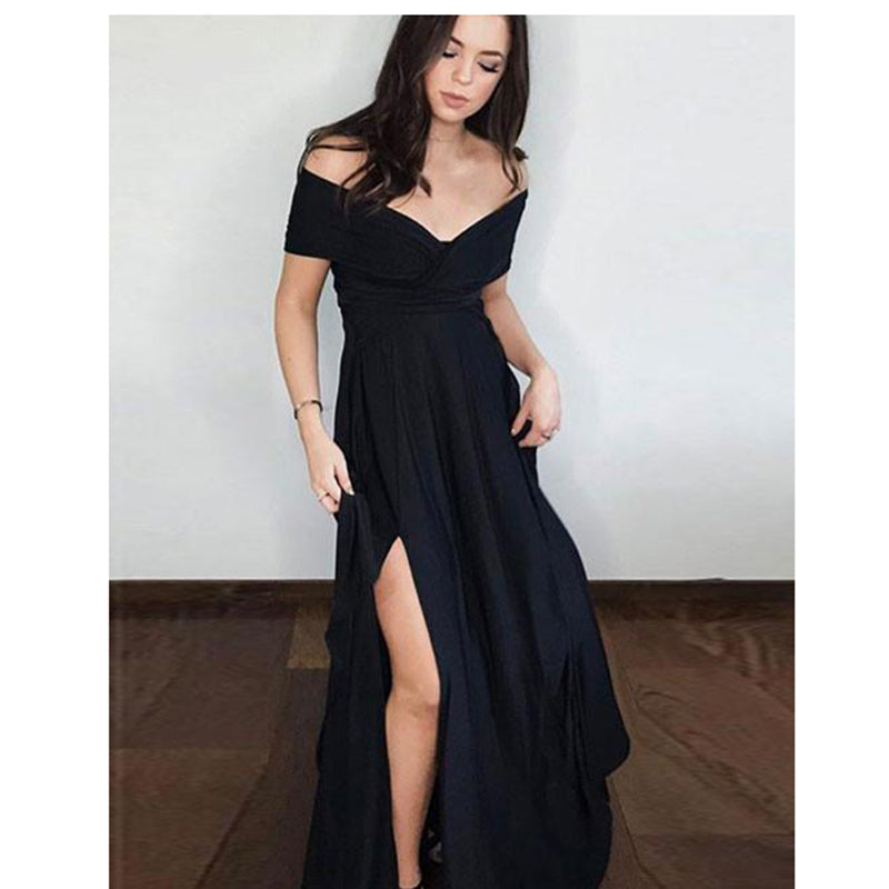 Black Long Prom Dresses Off the Shoulder Slit Women Formal Wear