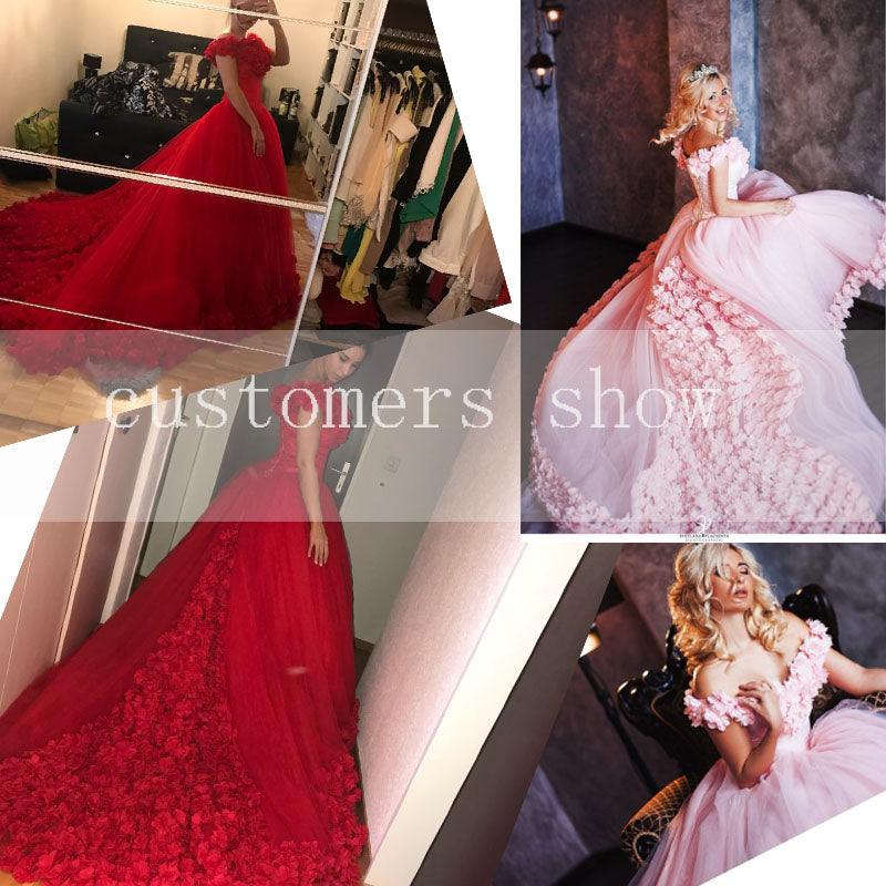 Romantic Poofy Pink Floral Wedding Dresses Off the Shoulder Ball Gown Quinceanera Dress WD5569