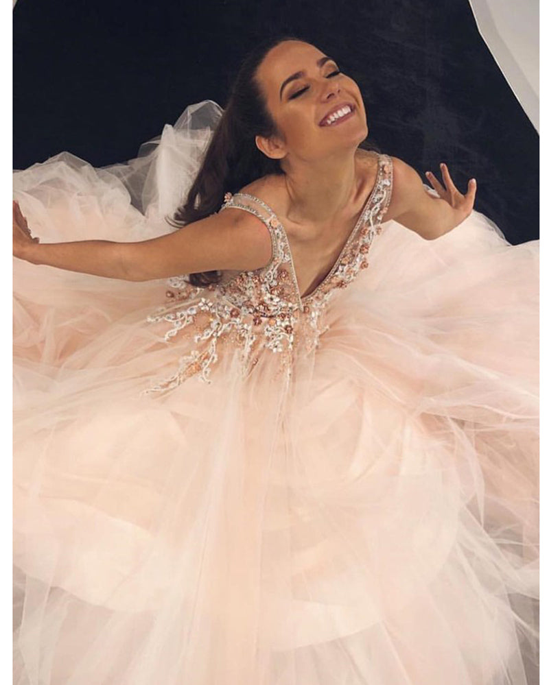 Siaoryne Peach Color Puffy V Neck Floor Length Girls Senior Prom Gradu Siaoryne Peach Color Puffy V Neck Floor Length Girls Senior Prom Gradu