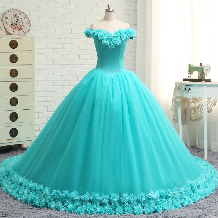 Hand made 3D Flowers Light Blue Wedding Dress Princess Ball Gown Off the Shoulder Quinceanera Dress Debutante Gown WD7703