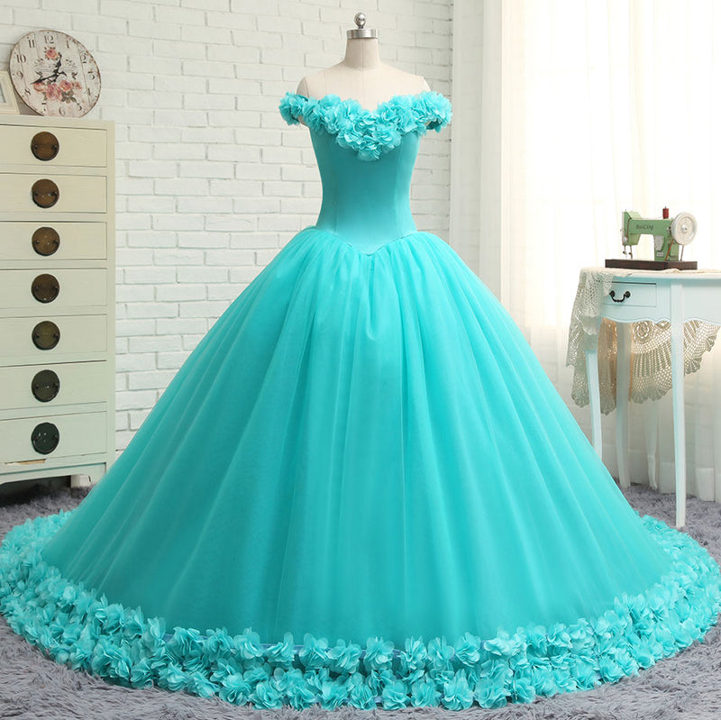Hand made 3D Flowers Light Blue Wedding Dress Princess Ball Gown Off the Shoulder Quinceanera Dress Debutante Gown WD7703