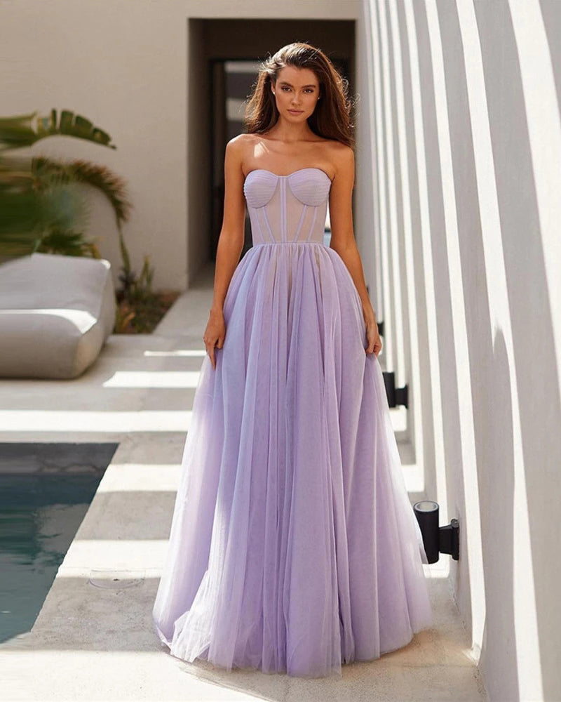 Vestidos de fiesta formales de noche largos transparentes con escote en forma de corazón color lila PL2277