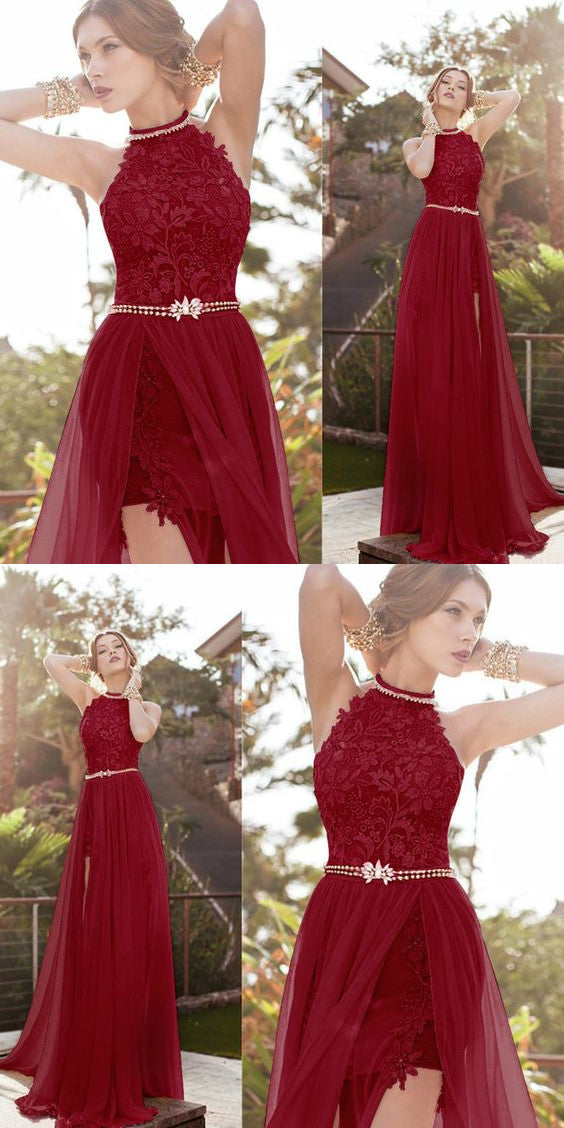 Burgundy Halter Lace Long Evening Formal Gown Prom dress with Sexy Slit LP0280