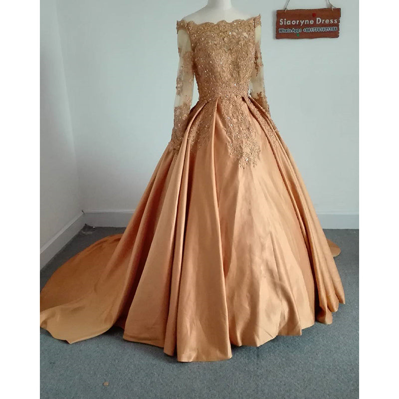 Off Shoulder Gold Lace Ball Gown Long Sleeves Prom Dress Formal Wear