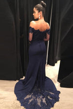 Elegant Fitted Long Sleeves Evening Gown lace Appliqued Navy Prom Dresses