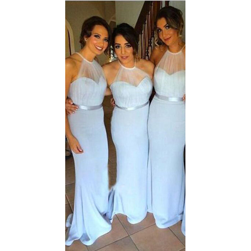 Blue Halter Long Fitted Bridesmaid Dresses, Wedding Guests Gown for Women