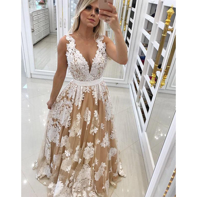 LP5468 Vestido De Festa V Neck Ivory  lace Champagne A Line Prom Dress Long Party Gown 2018