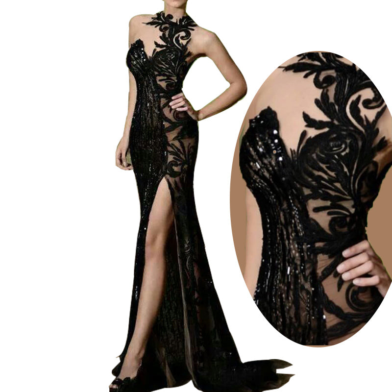 LP212 Halter High Neck Black Lace Sequins Evening Dress Long Mermaid Side Slit Women Formal Gowns,Black Vestido De Festa
