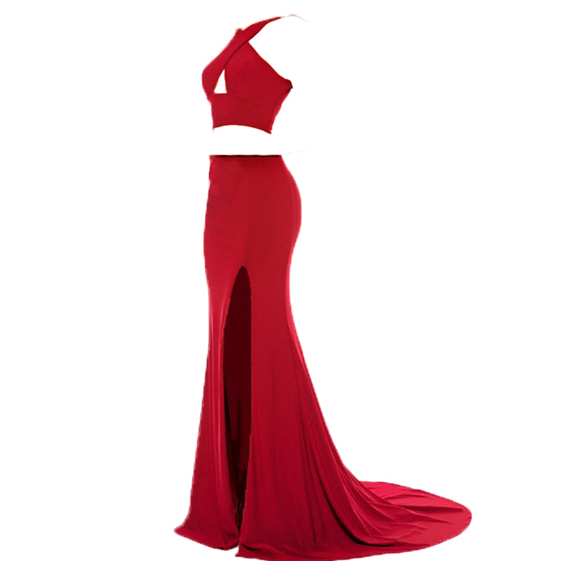 Jersey Crop Top Red Prom Dresses Sexy Halter Fitted Formal Gowns ,Evening Long Party Gown keyhole 2018 LP938