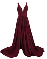 Pleated Long Burgundy Prom Dress with Slit