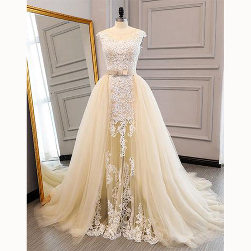 Stylish Detachable Train Champagne Lace Bridal Dresses Custom Made Wedding Gown with Belt