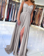 Flowing Chiffon Spaghetti Straps lace  Applique Long Party Dress Blue Prom Dress Gown PL06291