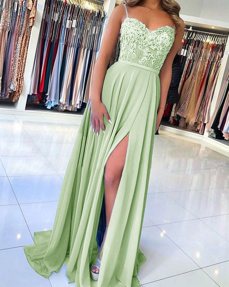 Flowing Chiffon Spaghetti Straps lace  Applique Long Party Dress Blue Prom Dress Gown PL06291