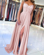 Flowing Chiffon Spaghetti Straps lace  Applique Long Party Dress Blue Prom Dress Gown PL06291