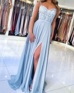 Flowing Chiffon Spaghetti Straps lace  Applique Long Party Dress Blue Prom Dress Gown PL06291