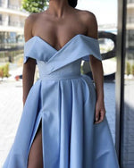 Popular Off the Shoulder Baby Blue Long Evening Dresses Ruched Satin A Line Formal Gown With Splits PL071420