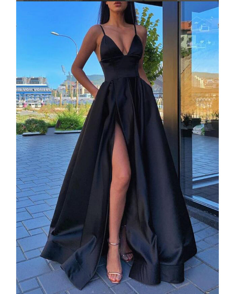 Elegant Spaghetti Burgundy Red Long Pocket Prom Dress Formal Dress Vestido Longo with Slit PL0908