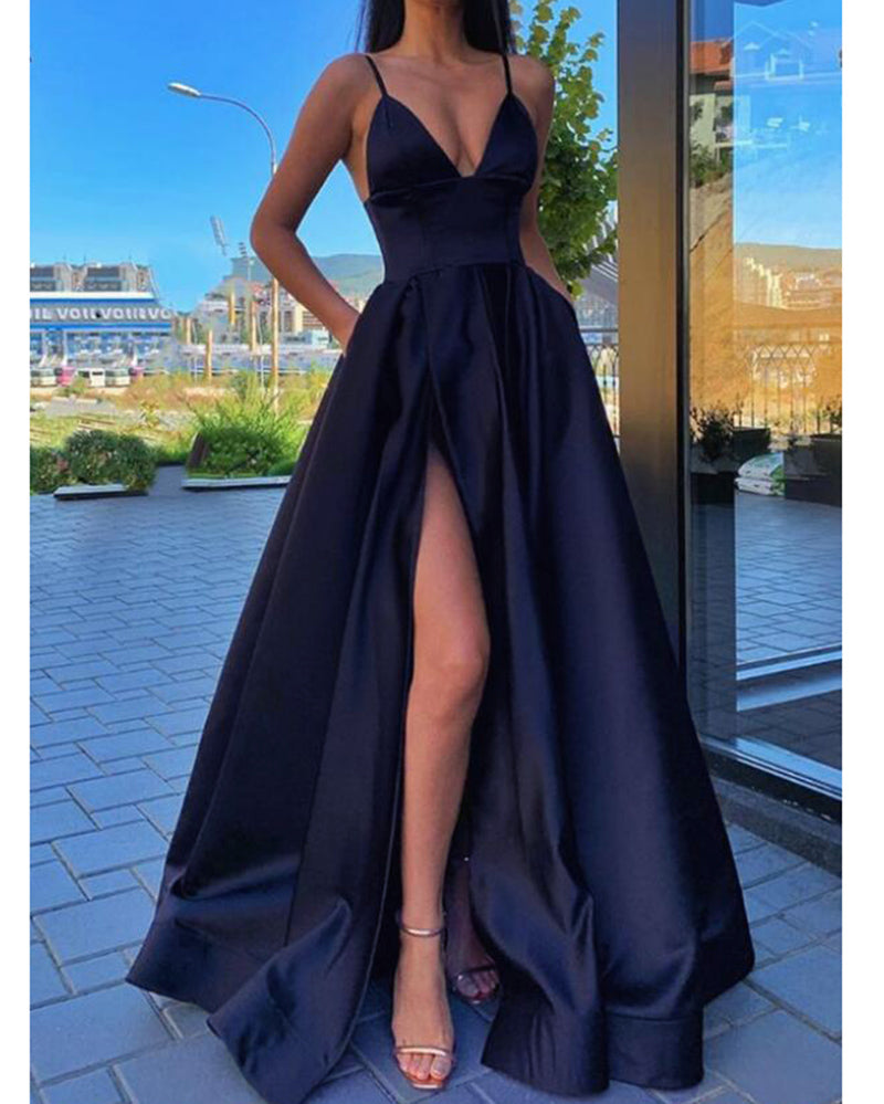 Elegant Spaghetti Burgundy Red Long Pocket Prom Dress Formal Dress Vestido Longo with Slit PL0908