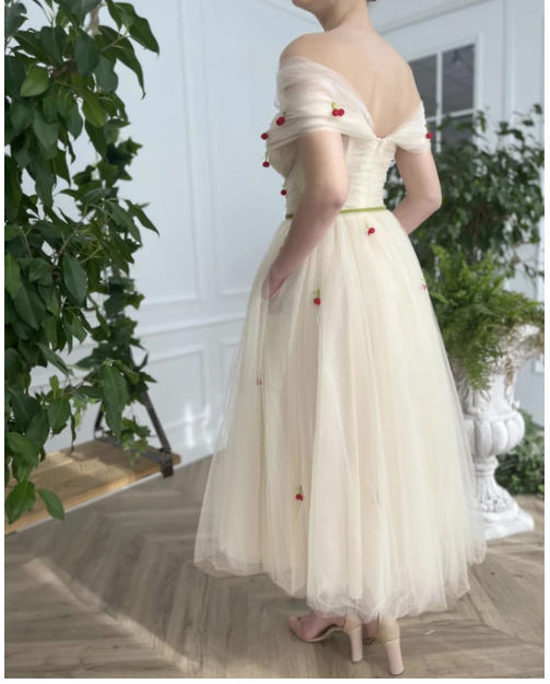 Stunning Teal Length Off the Shoulder Beige Cottagecore Prom Dress wit Siaoryne