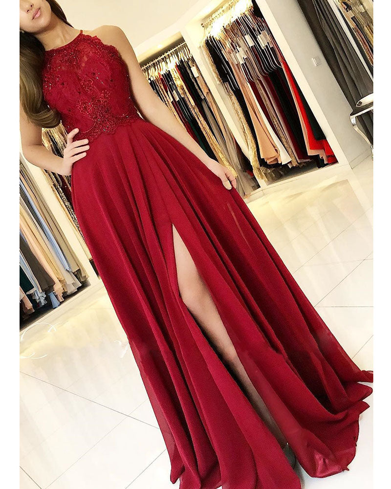 Halter Party Dress 2019 Long Prom Dress Lace with Slit PL650