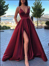 Elegant Spaghetti Burgundy Red Long Pocket Prom Dress Formal Dress Vestido Longo with Slit PL0908