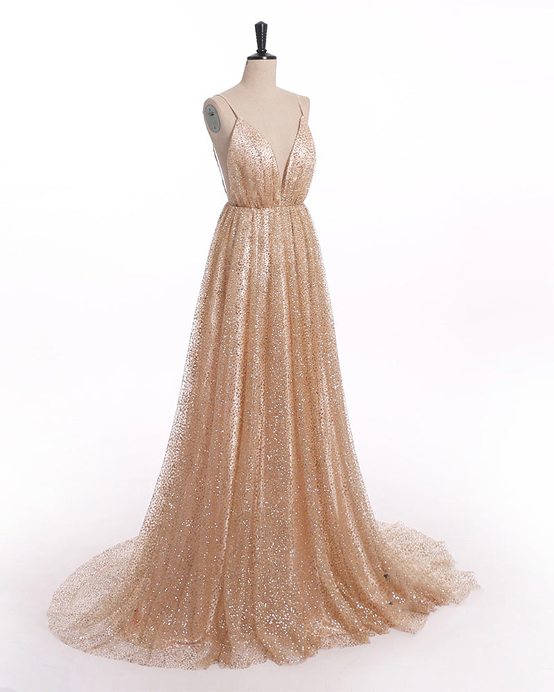 Spaghetti Straps Sequins Gold Women Formal Dresses Long Evening Party Gowns