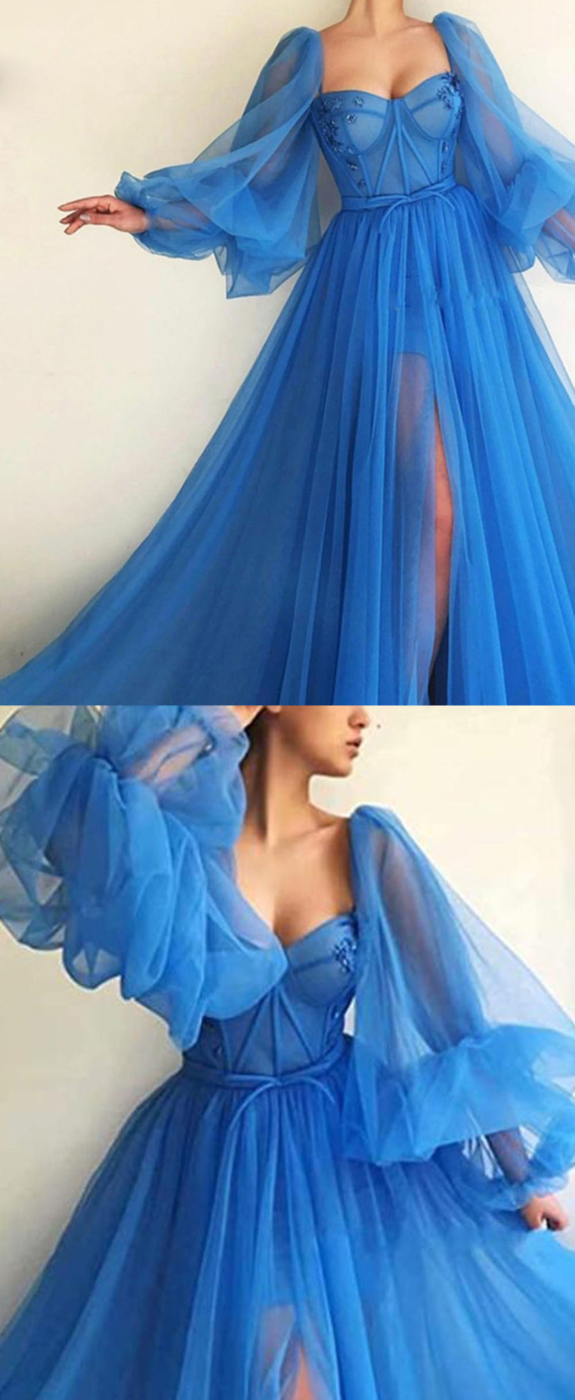 Princess Long Blue Puffy Sleeve Prom Party Dresses with Slit PL10427
