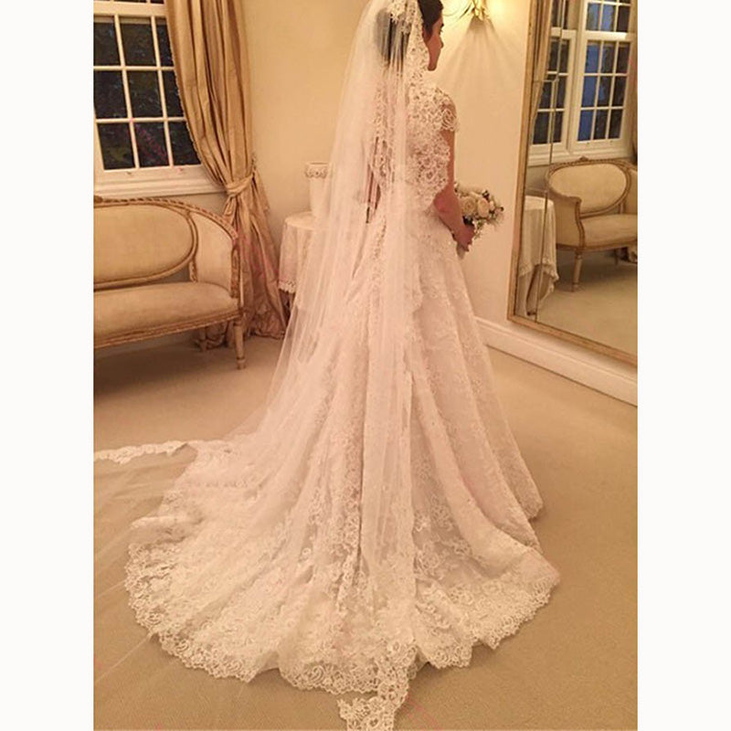 Vintage Cap Short Sleeves Lace Bride Dresses A Line Wedding Gown Vestido de Novais