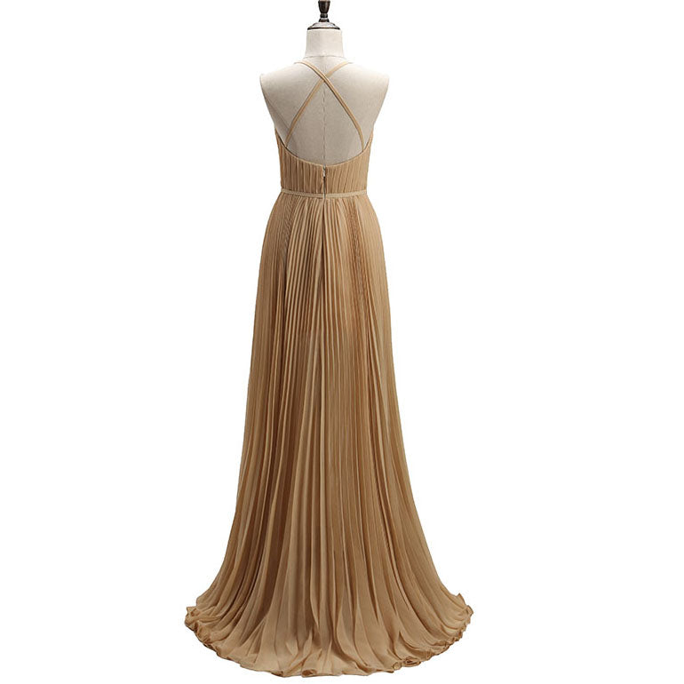 New Pleated Chiffon Halter Champagne Long Evening Dress Party Gown vestidos de festa noite