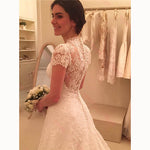 Vintage Cap Short Sleeves Lace Bride Dresses A Line Wedding Gown Vestido de Novais