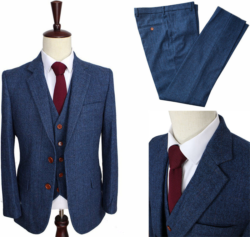 Wool Navy Blue British Gentleman Custom Made Men Suits Groom Suit for Wedding Blazer suits3 piece (Jacket+Pants+Vest)