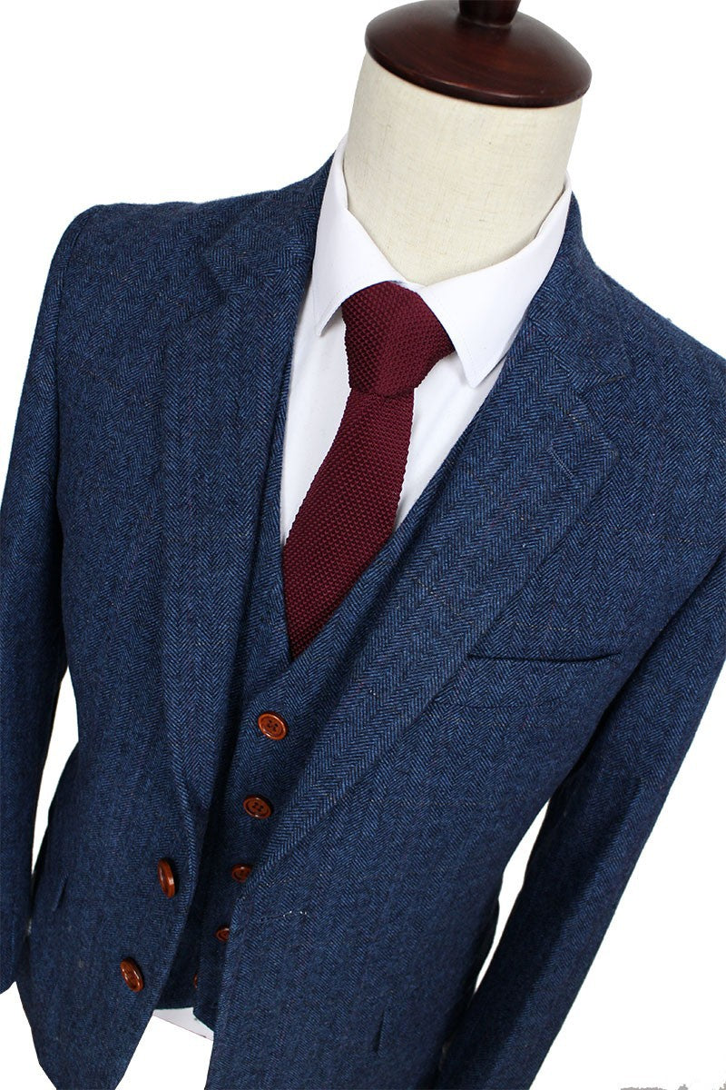 Wool Navy Blue British Gentleman Custom Made Men Suits Groom Suit for Wedding Blazer suits3 piece (Jacket+Pants+Vest)
