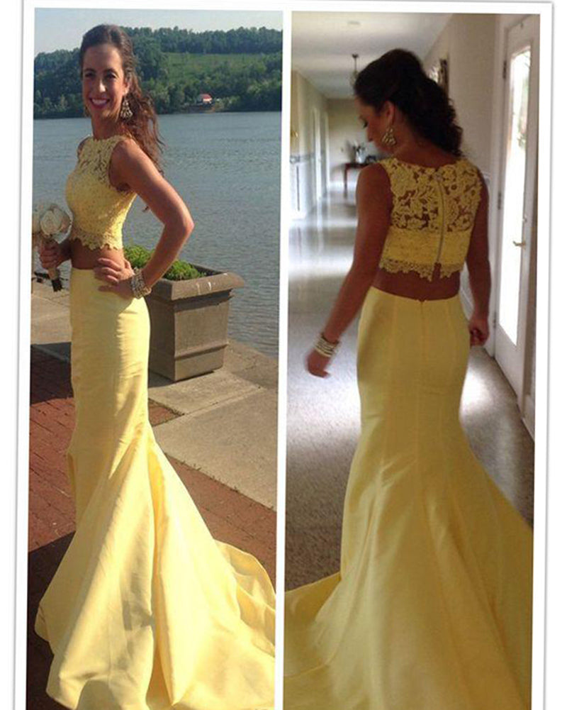Yellow two Pieces mermaid Prom Dress 2019 Long Satin LP6652