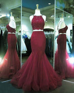 Halter Spaghetti Straps Dark Red Mermaid Crop Top 2 Pieces Prom Gown