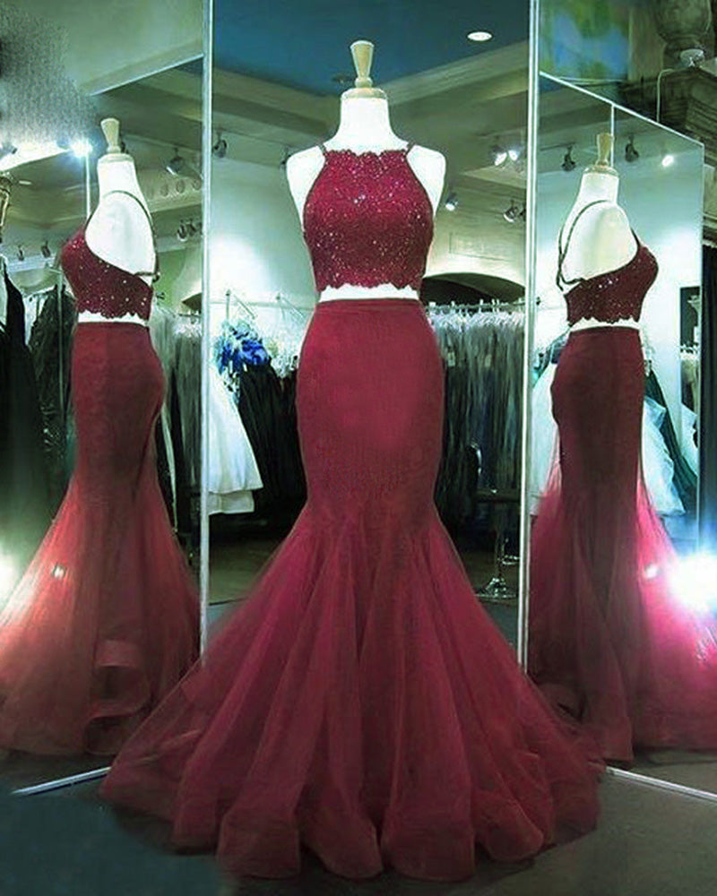 Halter Spaghetti Straps Dark Red Mermaid Crop Top 2 Pieces Prom Gown