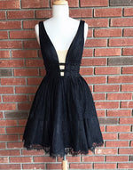 Sexy Deep V Neck Black Prom Dress Short,Lace Semi formal Short Homecoming Dress Cocktail Gown