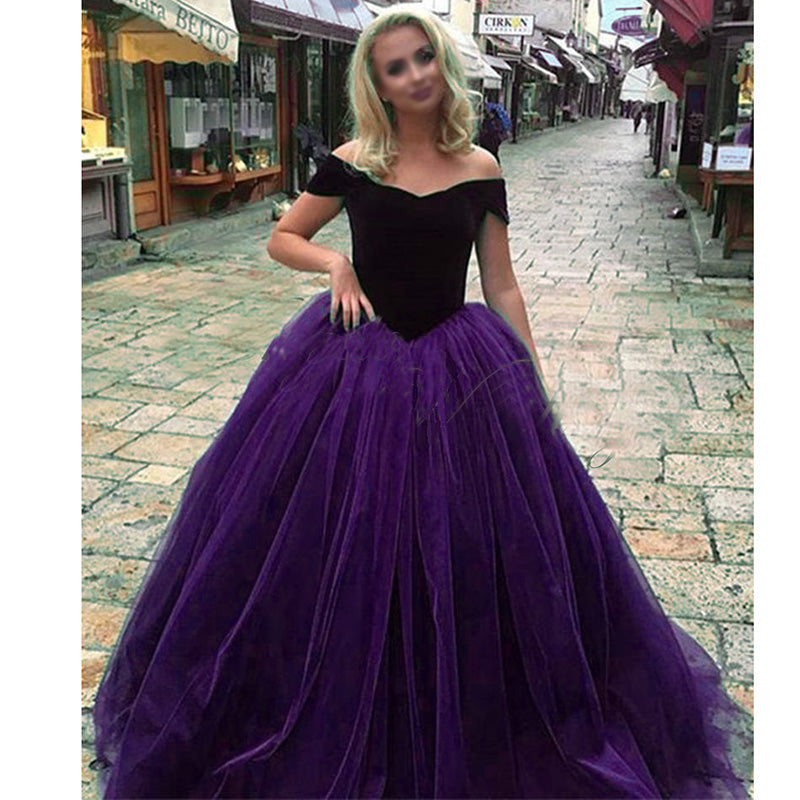 LP3658 Off the Shoulder Velvet and Organza A Line Prom Dresses