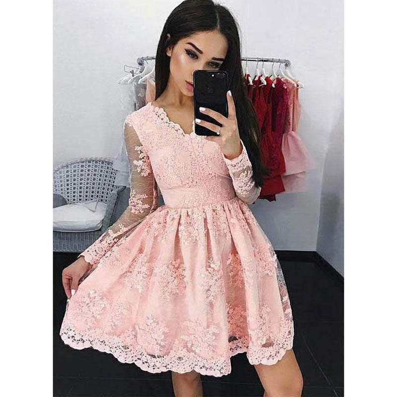 Short Party Dress with Sleeves ,Cocktail Semi formal Pink Lace Gown For Girls Homecoming SP704
