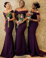 Stylish Grape Purple African Off The Shoulder Satin Long Bridesmaid Dresses Ruched Sweep Train Wedding Guest Maid Of Honor Dresses PL10305