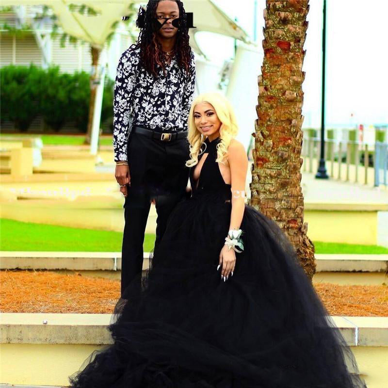 Stunning Halter Black Tulle Poofy  Ball Gown Girls Senior Prom Dress PL01207