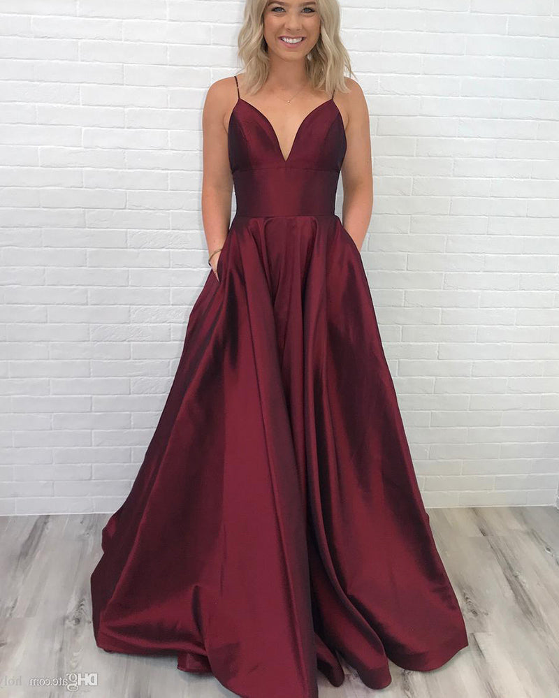 Burgundy Pocketed Basic Simple Prom Dresses Satin A Line Party Graduation Senior Gown with Straps PL10430