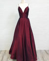 Burgundy Pocketed Basic Simple Prom Dresses Satin A Line Party Graduation Senior Gown with Straps PL10430