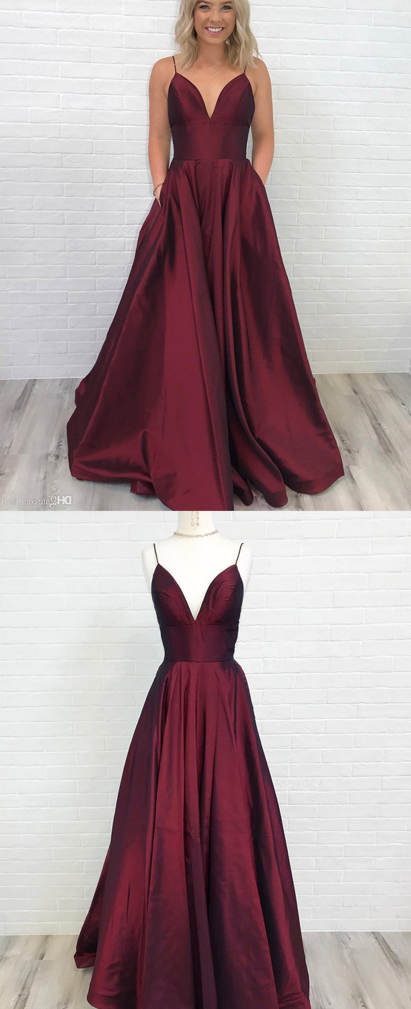 Burgundy Pocketed Basic Simple Prom Dresses Satin A Line Party Graduation Senior Gown with Straps PL10430