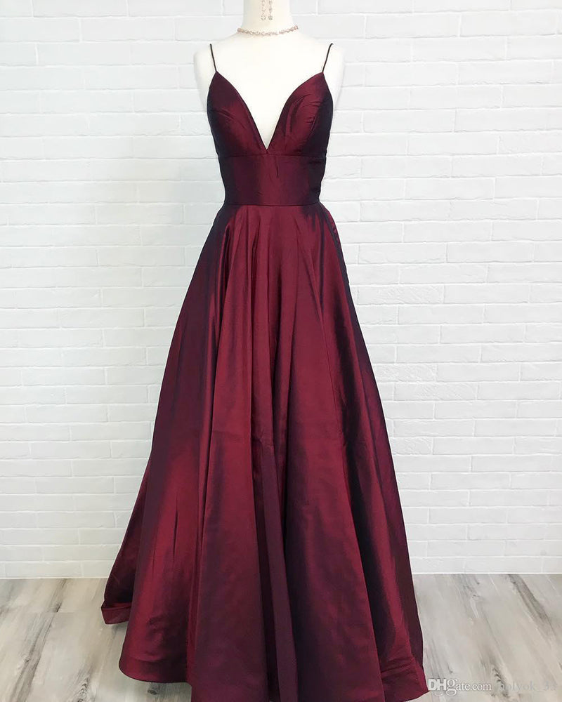 Burgundy Pocketed Basic Simple Prom Dresses Satin A Line Party Graduation Senior Gown with Straps PL10430